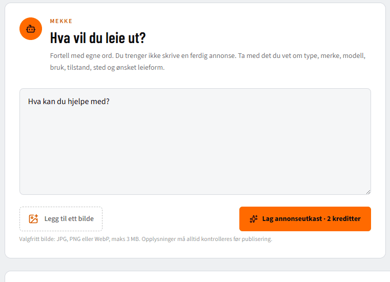 Faktisk skjermbilde av Proleies AI-utleieagent som lager annonseutkast